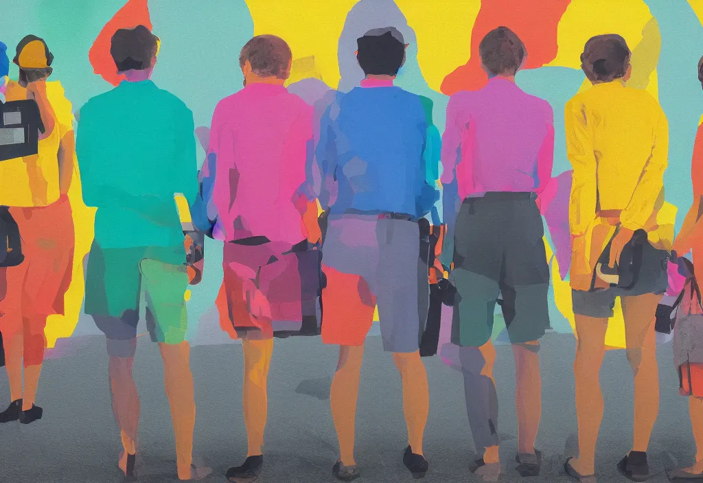 Image similar to full body portrait of a trio of european tourists with nikon cameras, rear views, character designs painting, in the style of wes anderson, rene magritte, lola dupre, david hockney, isolated on white background, dark monochrome neon spraypaint accents volumetric octane render