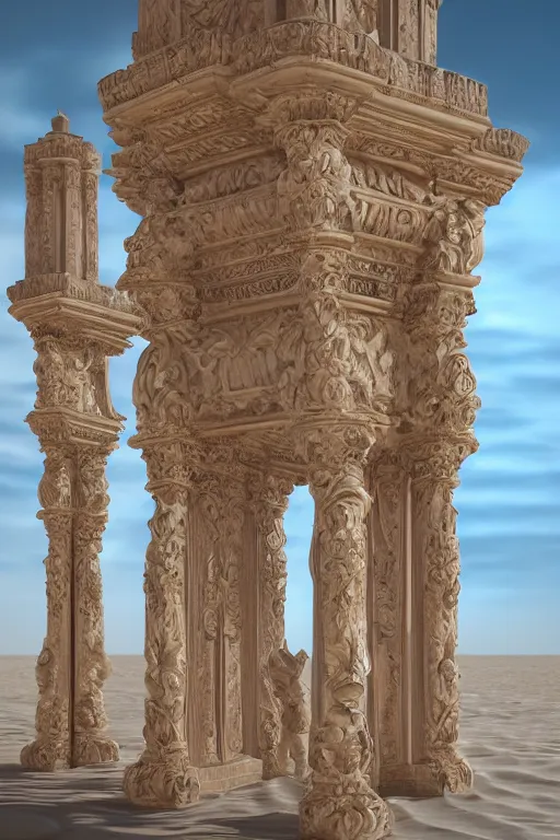 Image similar to Baroque columns in the middle of a desert with intricate carvings, highly detailed octane render, artstation