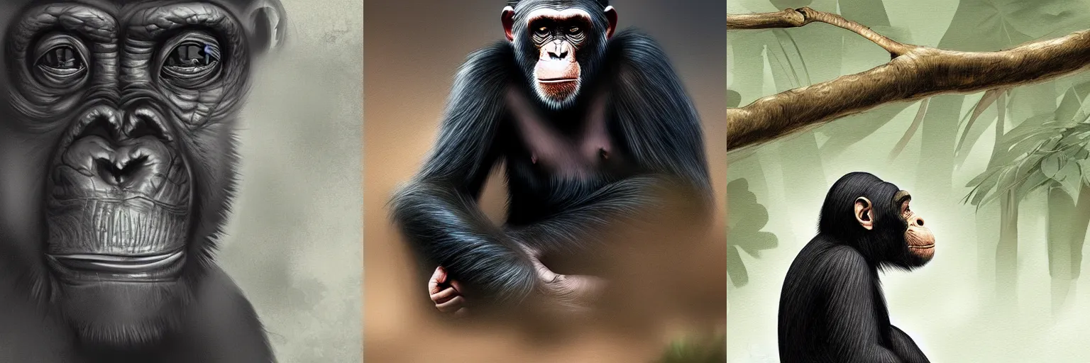 Prompt: an chimpanzee lurking in the shadows, digital painting, stunning, hyper-detailed
