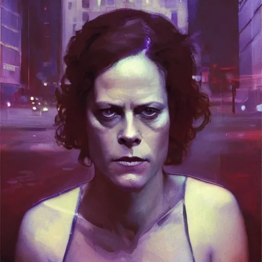 Image similar to sigourney weaver, hyperrealistic portrait, bladerunner street, art of elysium by jeremy mann and alphonse mucha, fantasy art, photo realistic, dynamic lighting, artstation, poster, volumetric lighting, very detailed face, 4 k, award winning