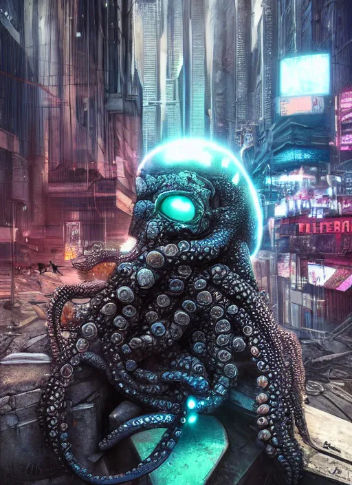 Prompt: hyperrealism, detailed textures, photorealistic 3 d cyberpunk octopus in apocalyptic city, futuristic clothing and helmet, ultra realistic, cinematic, intricate, cinematic light, unreal engine 8 k