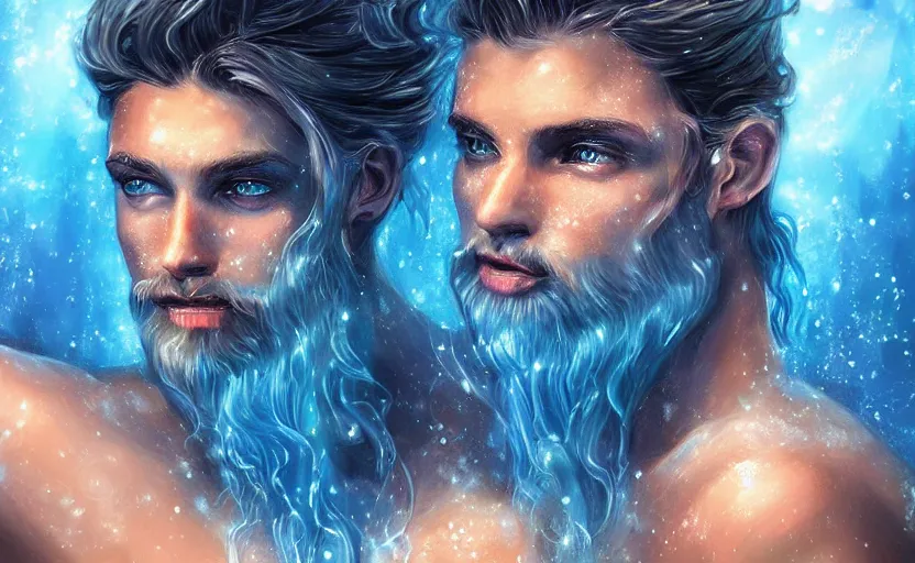 Prompt: Young and beautiful Poseidon emerging from water with blue magic, lumine, light particles, digital painting, realistic,4k, trending in Art Station