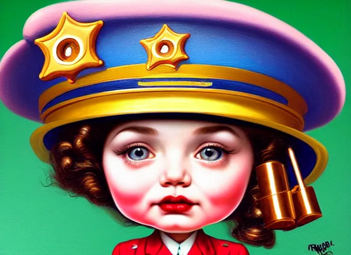 Prompt: a donut wearing a cop hat, lowbrow, matte painting, 3 - d highly detailed, in the style of mark ryden,