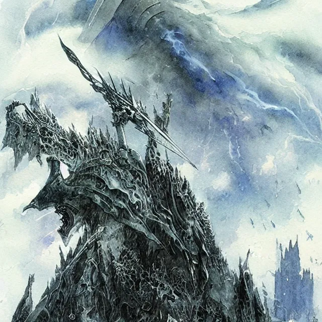 Prompt: “Stormbringer, a watercolour illustration of Elric of Melniboné by Yoshitaka Amano, John Blanche and Alan Lee”