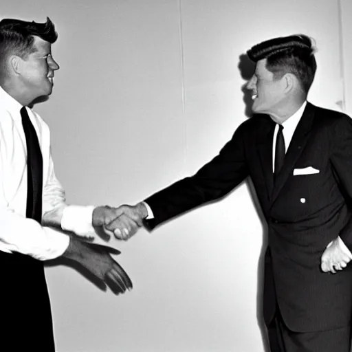 Image similar to a black and white photo of president kennedy shaking hands with a 1 9 5 0 s space alien