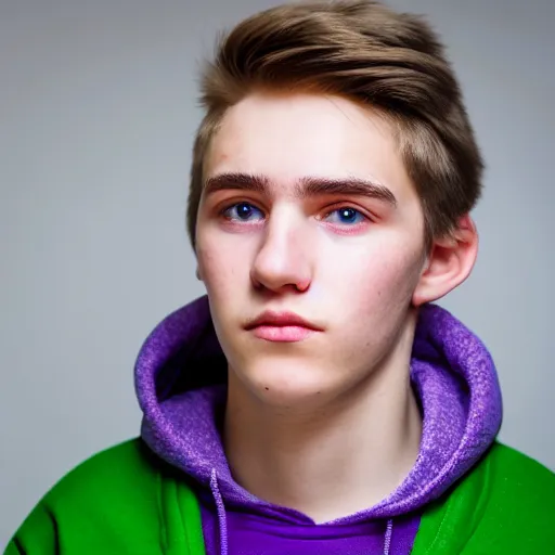 Image similar to close up of face of a 1 8 year old man, with white hair, green eyes, wearing a purple hoodie, lazy, 8 5 mm f / 1. 4