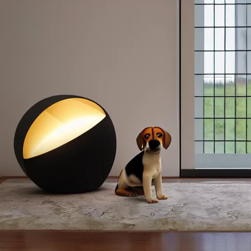 Image similar to a large lamp, shaped as a 3d beagle puppy head, placed in a large living room, art designers magazine HD photo superrealism 3d 8k resolution