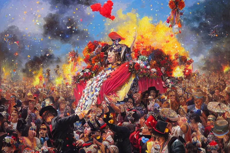 Image similar to portrait of rip taylor throwing confetti during a mexican funeral parade, an oil painting by ross tran and thomas kincade