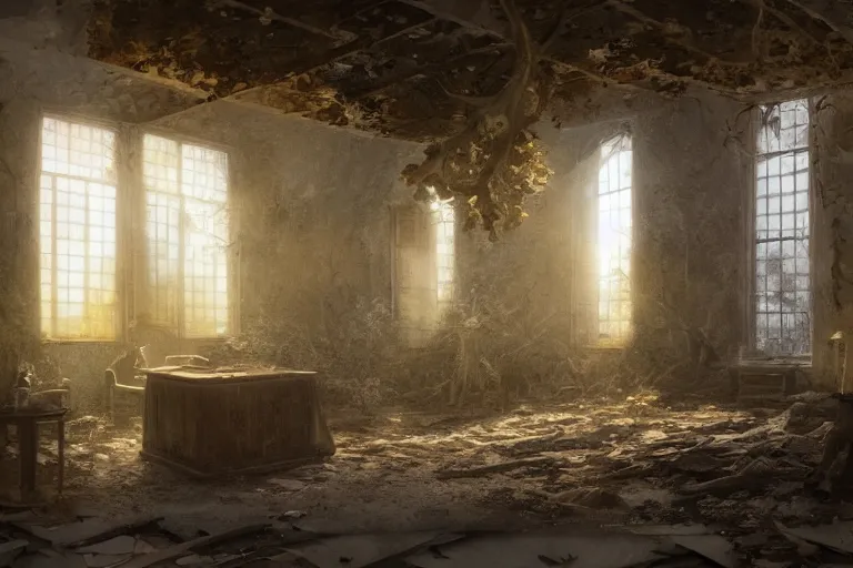 Image similar to the interior of an old abandoned house, an old oak tree grows inside the house, golden rays of sunlight enter through the window, digital art, trending on artstation, matte painting, concept art, drawn by greg rutkowski, inspired by johannes vermeer, cold colors