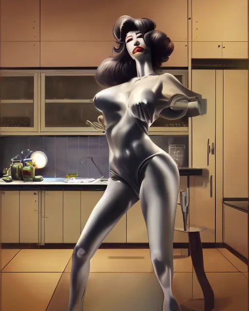 Image similar to kitchen of the 50's in the style of hajime sorayama, volumetric lighting, back lighting, rimlight, dramatic lighting, digital painting, highly detailed, artstation, sharp focus, illustration, Artgerm