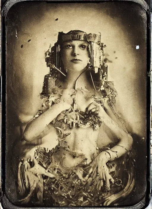 Prompt: old wetplate daguerreotype portrait of the birth of queen elisabeth cyborg, explosion of data fragments, fractal, intricate, elegant, highly detailed, parallax, leica, medium format, subsurface scattering, by jheronimus bosch and greg rutkowski and louis jacques mande daguerre