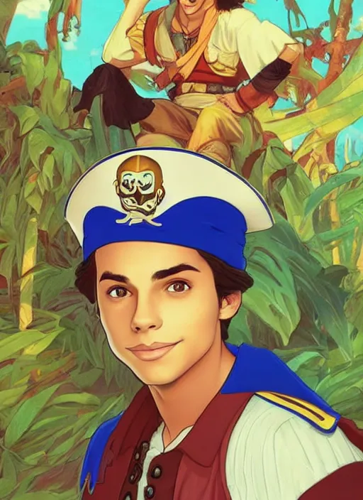Image similar to cute jake t. austin as a pirate captain. parrot on his shoulder, natural lighting, path traced, highly detailed, high quality, digital painting, by don bluth and ross tran and studio ghibli and alphonse mucha, artgerm