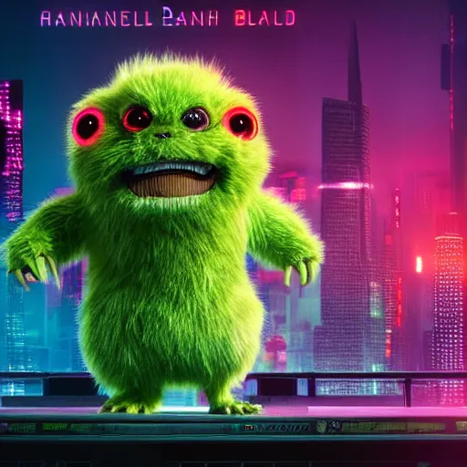 Image similar to high quality 3 d render cyberpunk very tennis ball monster highly detailed, unreal engine cinematic smooth, in the style of blade runner & detective pikachu, hannah yata charlie immer, purple light, low angle, uhd 8 k, sharp focus, illustrated by basil gogos