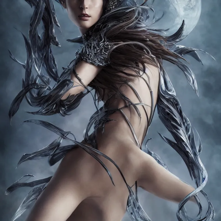 Image similar to beautiful cinematic fantasy poster, a beautiful fashion model wearing haute couture in dynamic full body dance pose, full body shot, ultrawide angle epic scale, hybrid from The Elden Ring and art direction by Darius Zawadzki ;by artgerm; wayne reynolds art station; cinematic quality character render; low angle; ultra high quality model; production quality cinema model;