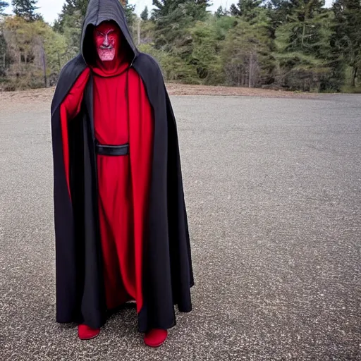Prompt: Portrait of Palpatine in a cape with a hood, photos from the filming of the movie, star Wars style,