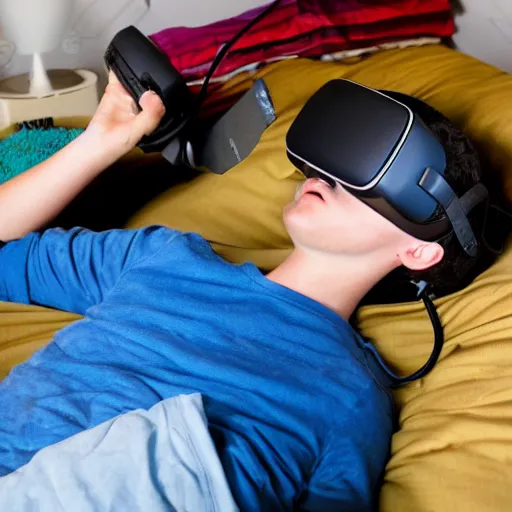 Image similar to a stock photo of a teenage boy laying in bed with a bunch of stuff wearing a VR-headset, featured on flickr, cluttered room