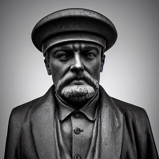 Image similar to super realistic man with pot on his head, Lenin's bust, high quality, photomodel
