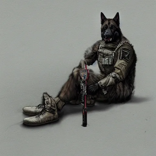 Image similar to a humanoid german shepherd beast - man in military style, sitting on the carpeted floor beside a bed, highly detailed portrait, digital painting, artstation, concept art, smooth, sharp foccus ilustration, artstation