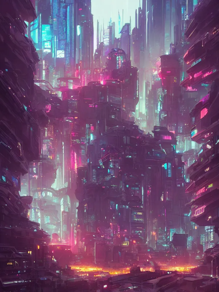 Prompt: Scene concept design of a future science fiction city，Cyberpunk style，rtx on， by moebius, Neil Blevins and Jordan Grimmer, neon lights, surreal