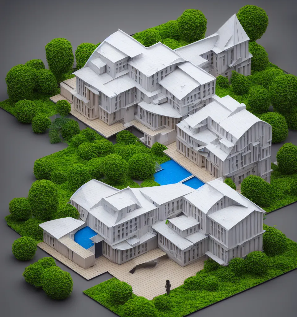 Prompt: architectural model, isometric view, 3 d render, studio lighting, low contrast, brightly lit studio, highly detailed, a thick house with triangular plan and circular windows, mansard roof, post - modernism, high tech, pool, tree