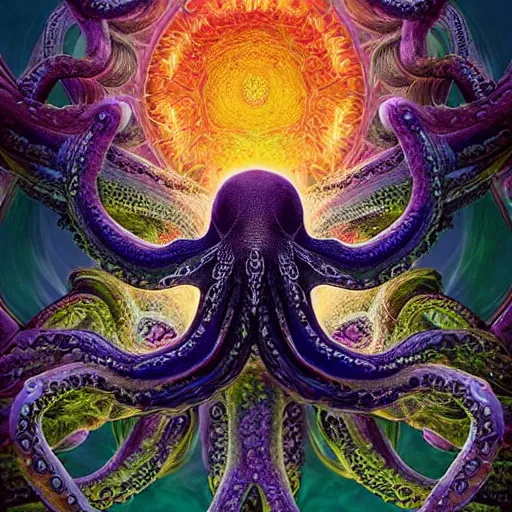 Image similar to depicting an octopus, in the style of h. p. lovecraft, exuberant organic elegant forms, by karol bak and filip hodas : : 1. 4 purple, red, blue, green, black intricate mandala explosions : : intuit art : : turbulent water backdrop : : damask wallpaper : : atmospheric