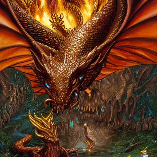 Image similar to Smaug the golden fire dragon hoarding his gold and shiny gems by Mark Brooks, Donato Giancola, Victor Nizovtsev, Scarlett Hooft, Graafland, Chris Moore