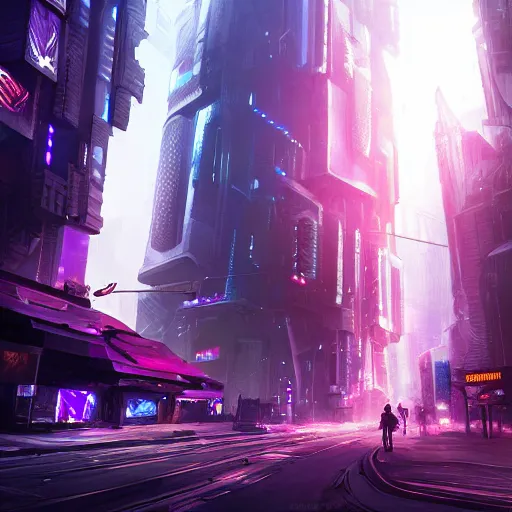 Prompt: a futuristic cyberpunk city at night, purple ray traced light by WLOP and tony sart, god rays, fantasy art, 4k, HDR, photorealistic, 8k, trending on artstation