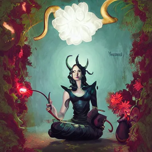 Image similar to tiefling woman with bent horns holding a glowing floating flower, petrichor, malady, art by fiona staples, art by james gurney, art by norman rockwell