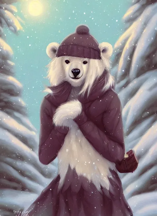 Image similar to award winning beautiful portrait commission art of a female furry anthro polar bear fursona with a cute beautiful attractive detailed feminine furry face wearing cute stylish winter clothes at a comfy winter cabin at dusk by firelight. Character design by charlie bowater, ross tran, artgerm, and makoto shinkai, detailed, inked, western comic book art