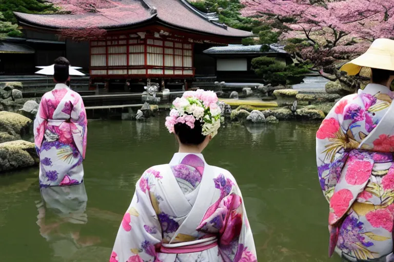 Image similar to cinematography women in kimonos in Kyoto watching joy in a temple pond by Emmanuel Lubezki