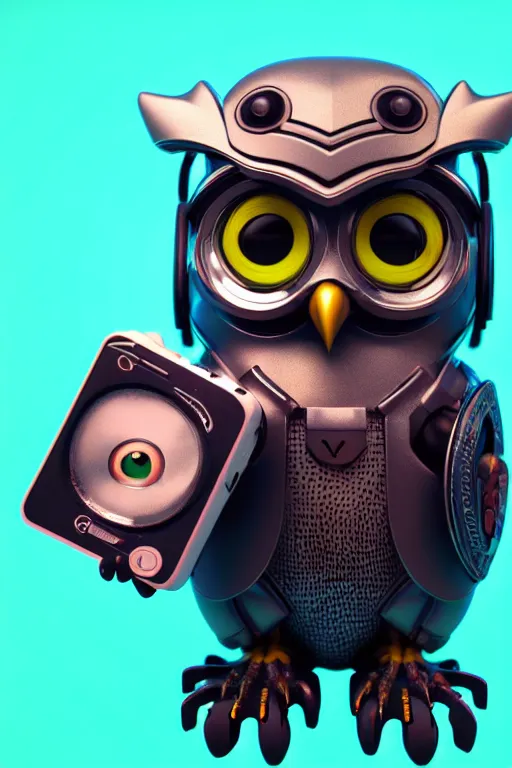 Image similar to high quality 3 d render very cute cyborg owl! with boombox!, cyberpunk highly detailed, unreal engine cinematic smooth, in the style of blade runner & detective pikachu, hannah yata charlie immer, moody light, low angle, uhd 8 k, sharp focus