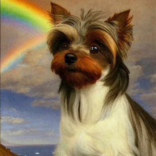 Image similar to a gray and brown Yorkshire Terrier under a rainbow in Santorini by Michael Sowa, head and shoulders portrait, golden hour, extremely detailed masterpiece, oil on canvas, by J. C. Leyendecker and Peter Paul Rubens and Edward Hopper and Michael Sowa,