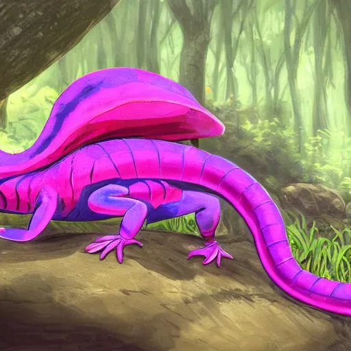 Image similar to concept art painting of an anthropomorphic humanoid lizard wearing magenta wizard robes, in the deep forest, realistic, detailed, cel shaded, in the style of makoto shinkai and greg rutkowski and james gurney