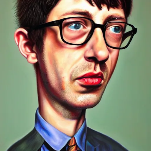 Image similar to Caricature portraits done of a young Graham Coxon, realistic, hyperrealistic, very realistic, highly detailed, very detailed, extremely detailed, detailed, oil painting, digital art, trending on artstation