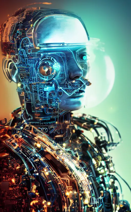 Image similar to a beautiful!! photo of a middle - aged!! bionic!! male!! cyborg, cyberpunk, circuit boards, electronic components, augmented vision, volumetric light, photography, dystopian, extremely detailed, photorealistic!, stunning, digital art trending on artstation, orange, cyan, washed out colors