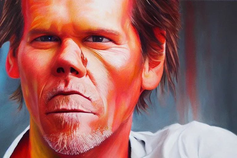 Image similar to an ultra realistic painting of kevin bacon, bacon rasher wrapped around his face, 8 k, cinematic, movie still