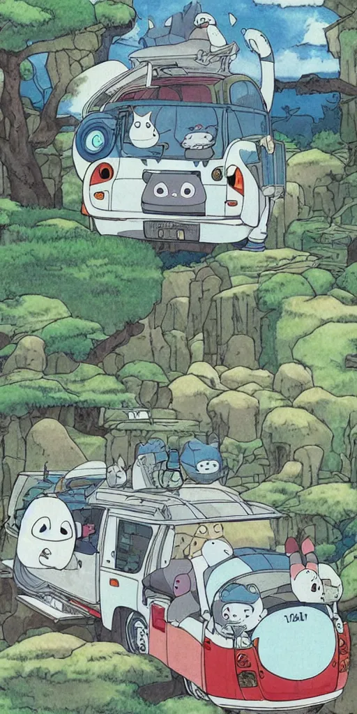 Image similar to a panda bus in like totoro, 1990s anime, full color, tarot card the chariot, highly detailed ,