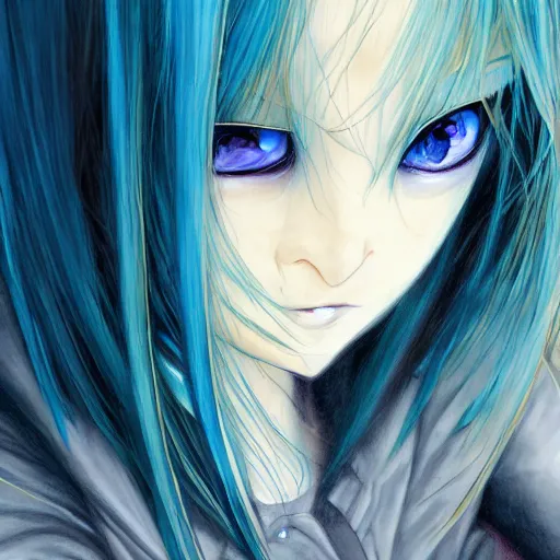 Image similar to imaginative painting of rimuru tempest, sky blue straight hair, long bangs, with amber eyes, wearing a black jacket, high collar, ultra detailed, brush strokes, skin texture, digital painting, cinematic, wlop artstation, closeup, pixiv, eerie, scary, intimidating glare, evil, junji ito, yoshitaka amano