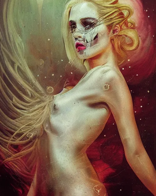 Image similar to a beautiful and eerie baroque painting of a gorgeous young woman in dead space, with wild blonde hair and haunted eyes, 1 9 7 0 s, seventies, space station, neon light showing injuries, delicate ex embellishments, painterly, offset printing technique, behind her something sinister is happening