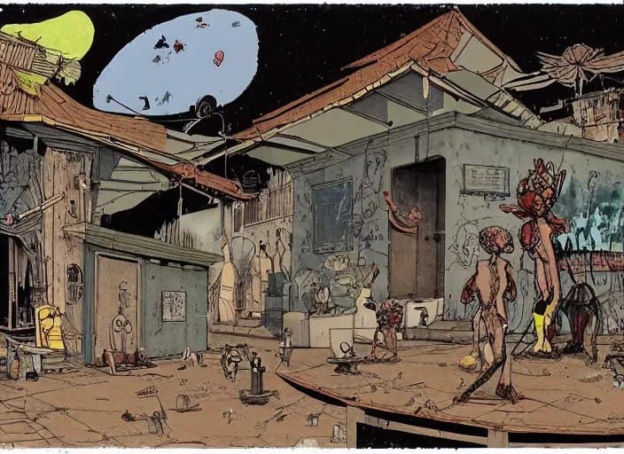 Prompt: a scene from an art housr feature film by alejandro jodorowsky, roger ballen and nobuyoshi araki : : exterior view, retro sci - fi, occult ritual : : a storyboard drawing in the style of enki bilal, moebius and mike mignola, graphic art, 4 k