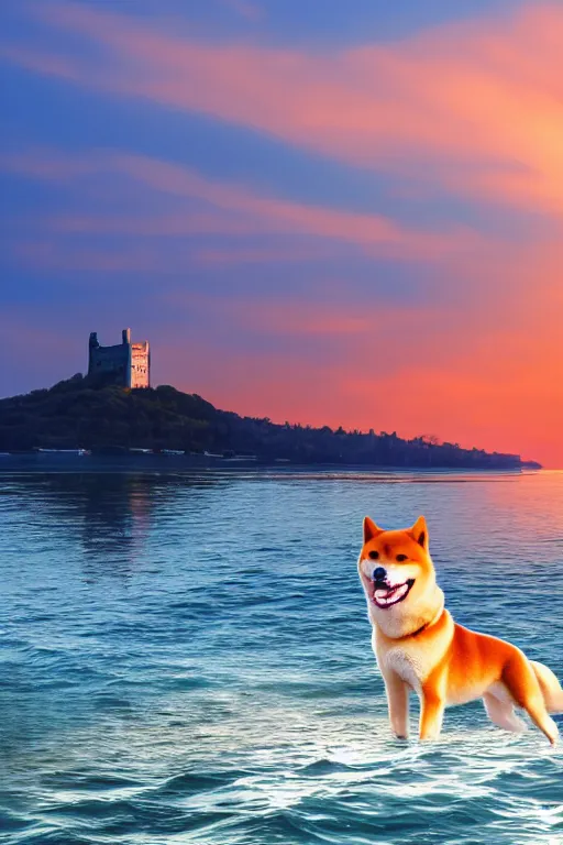 Prompt: a shiba inu sailing in the sea alone, with a castle in the background, sunset, epic, dramatic, realistic, 4k