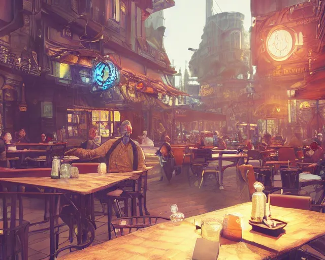 Prompt: a man sitting at a table in a cozy relaxed cafe, looking out at the bustling underbelly of a thriving steampunk city by james paick, trending on cgsociety, unreal engine, 4 k wallpaper