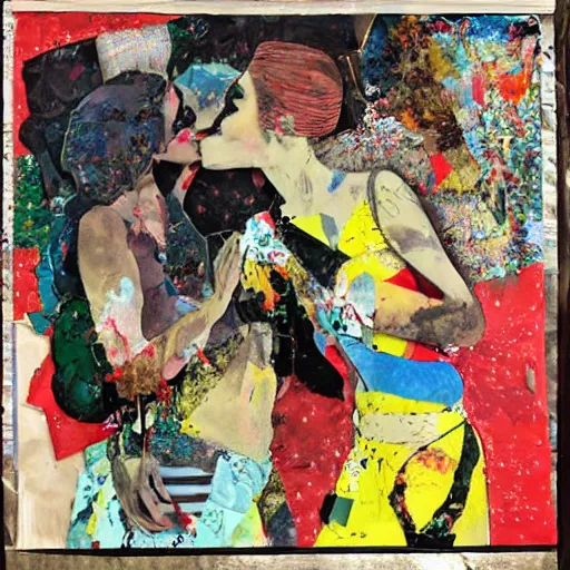 Prompt: two women kissing at a carnival, mixed media collage, retro, paper collage, magazine collage, acrylic paint splatters, bauhaus, claymation, layered paper art, sapphic visual poetry expressing the utmost of desires by jackson pollock