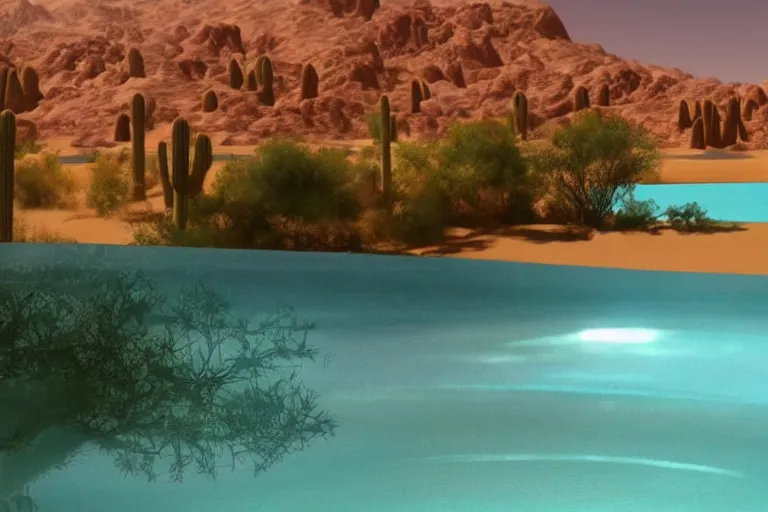 Image similar to desert oasis in a translucent aqua casing electronic environment, ps 3 screenshot, still from a kiyoshi kurosawa movie