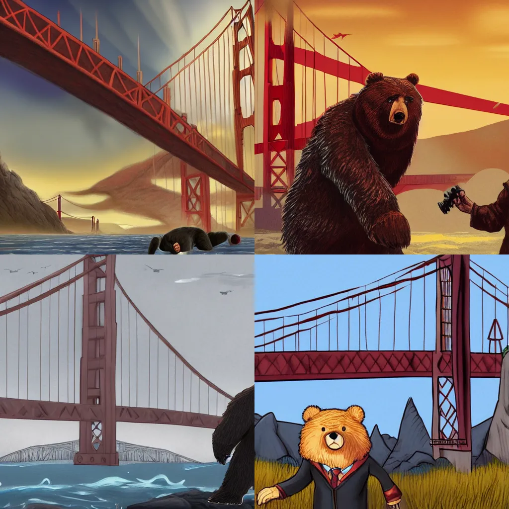 Prompt: harry potter faces the terrible monstrous bear with the golden gate bridge in the background. harry is overshadowed by the bear | trending on artstation | battle scene | professional illustration