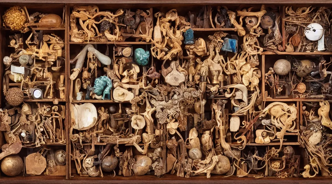 Image similar to wooden box with cabinet of curiosities neatly ordenend with strange natural artifacts and wonders of the world, photo realistic, professional photo, by Steve McCurry