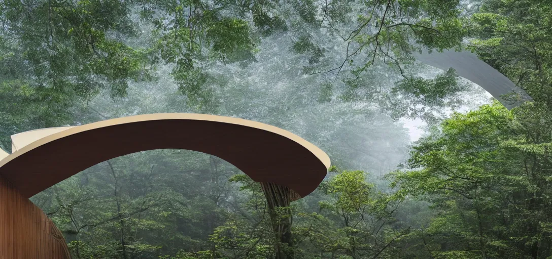 Image similar to curved roof planes lift and descend creating shade and architectural expression, highly detailed, situated in the forest, next to a highly reflective lake, marble, vivid color, high resolution photography, mist, luxury