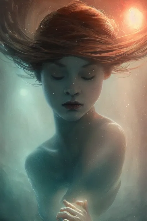 Image similar to meditation deep in dark murky water!!!, underwater atmospheric mood, asleep and dreaming! cinematic volumetric lights, bust portrait, dnd, fantasy, intricate, elegant, highly detailed, digital painting, artstation, concept art, smooth, sharp focus, illustration, art by artgerm and tom bagshaw and greg rutkowski and alphonse mucha