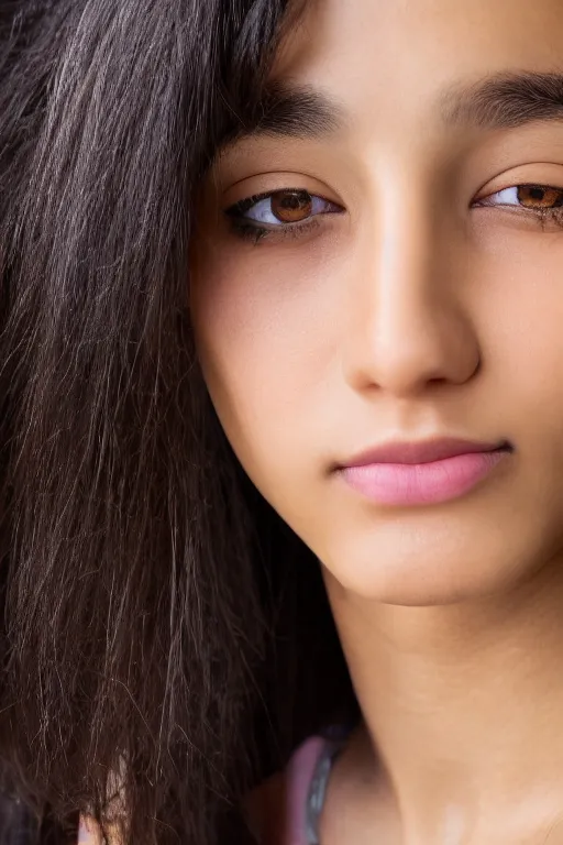 Image similar to close up headshot of an androgynous Hispanic teen with medium length slightly wavy black hair a wide smile brown eyes a small nose tidy plucked eyebrows dark brown eyes and a diamond shaped face, high resolution film still, 8k, HDR color, gazing dark brown eyes, high cheek bones, trimmed eyebrows