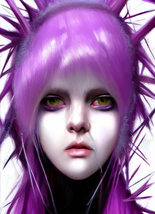 Image similar to hair whitebangs hair, white cyberlox, portrait of normal teenage girl, normal face, black bangs, messy bangs, fluffy bangs, cyberlox, whitebangs, red contact lenses, purple background, intricate, elegant, highly detailed, digital painting, artstation, concept art, sharp focus, smooth, illustration, art by wlop, mars ravelo and greg rutkowski